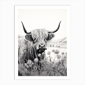Black & White Illustration Of Highland Cow With Dandelions Art Print