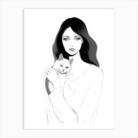 Girl With Cat,lineart Art Print