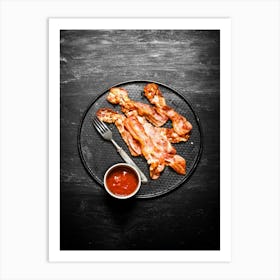 Fried bacon, tomato sauce — Food kitchen poster/blackboard, photo art Art Print