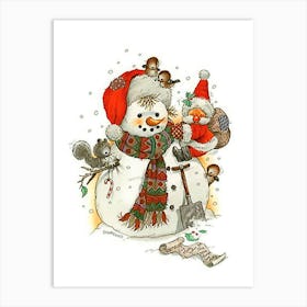 Snowman With Little Santa Claus Art Print