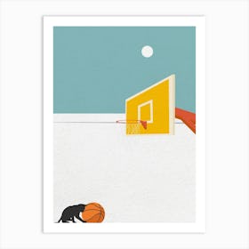 Minimal art cat with Basketball Hoop Art Print