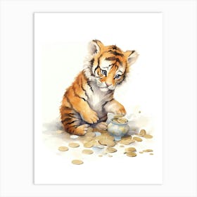 Tiger Illustration Collecting Coins Watercolour 4 Art Print