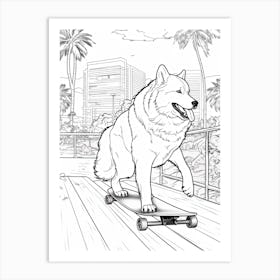 Alaskan Malamute Dog Skateboarding Line Art 2 Art Print