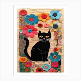 Black Cat With Button Flowers Art Print