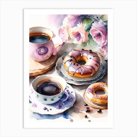 Donuts And Tea, Tablescape Cute Neon 3 Art Print