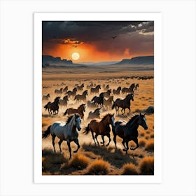 Herd Of Horses At Sunset Art Print