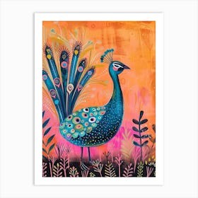 Folky Peacock In The Garden With Patterns 4 Art Print