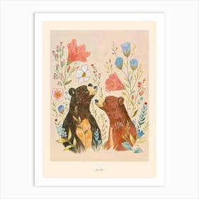 Folksy Floral Animal Drawing Bear Poster Art Print