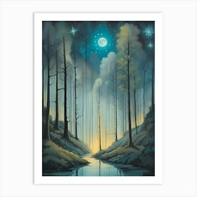 Night In The Forest Trees Woods Art Print