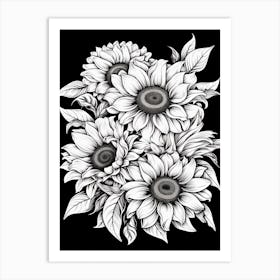Sunflowers In Black And White Line Art 4 Art Print