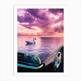 Classic Car Swan and pink clouds Art Print