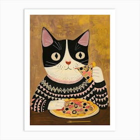 Happy Black And White Cat Pizza Lover Folk Illustration 2 Art Print