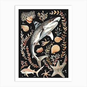 Tiger Shark Seascape Black Background Illustration 1 Art Print