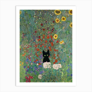 Gustav Klimt Style, Farm Garden With Sunflowers And A Black Cat 2 Art Print