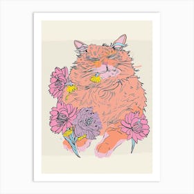 Cute Main Coon Cat With Flowers Illustration 2 Art Print