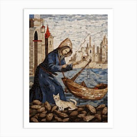 Mosaic Medieval Sailor & A Cat Art Print