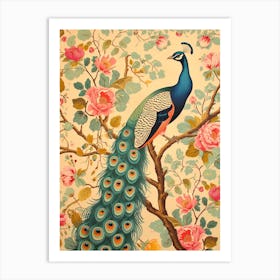 Sepia Turquoise Floral Peacock Art Print