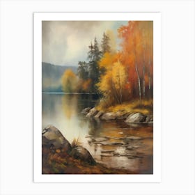 Forest Lake, Autumn Lake, Vintage Oil Painting, Farmhouse Wall Decorations, Antique Landscape, Vintage Landscape Oil Painting.2 Art Print