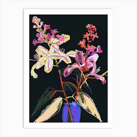 Neon Flowers On Black Lilac 4 Art Print