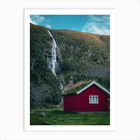 Red House With Waterfall Art Print