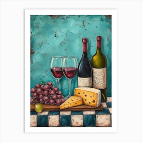 Wine Cheese & Grapes Blue Checkerboard 3 Art Print