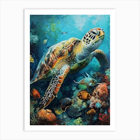 Turtle Underwater With Fish Painting 2 Art Print
