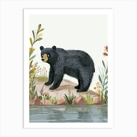 American Black Bear Standing On A Riverbank Storybook Illustration 2 Art Print