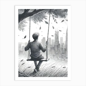 Moody Man on Swing Sketch 9 Art Print