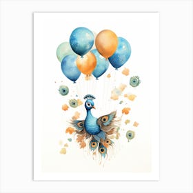 Peacock Flying With Autumn Fall Pumpkins And Balloons Watercolour Nursery 3 Art Print