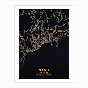 Nice France Black And Gold Map Art Print