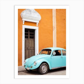 Blue Beetle And Orange Wall In Valladolid Mexico Art Print