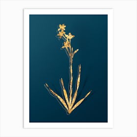 Vintage Bugle Lily Botanical in Gold on Teal Blue n.0333 Art Print