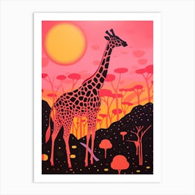 Giraffe At Sunset Pink & Orange 2 Art Print