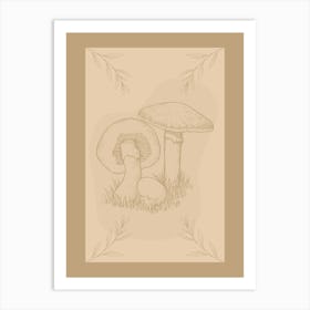 Mushroom Sketch in Grass on Beige Neutral Background in the Nature Garden Art Print