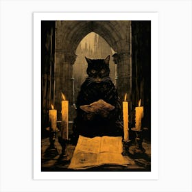 Spooky Cat Reading A Book With Candles Etching  Art Print