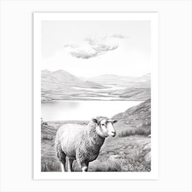 Black & White Illustration Of Highland Sheep With The Valley In The Distance 2 Art Print