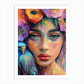 Woman With Flowers On Her Head Art Print