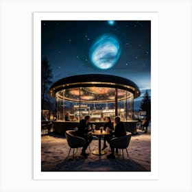 Futuristic Nordic Coffee Shop Transparent Roof Revealing Cosmic View Glowing Interiors Sleek Stee Art Print