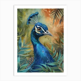 Watercolour Peacock With Tropical Leaves 3 Art Print