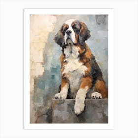 Saint Bernard Dog, Painting In Light Teal And Brown 1 Art Print