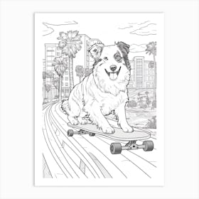 Australian Shepherd Dog Skateboarding Line Art 1 Art Print