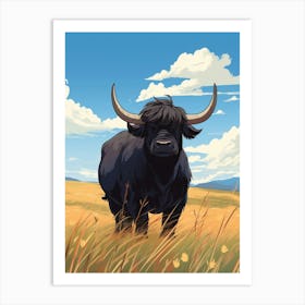 Black Bull In Windy Highland Field Art Print