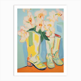 Painting Of White Flowers And Cowboy Boots, Oil Style 3 Art Print