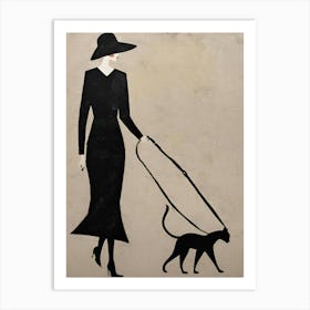 Art Deco Vintage beige and black 1930s Woman walking black cat Art Print