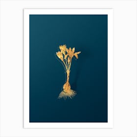 Vintage Autumn Crocus Botanical in Gold on Teal Blue n.0332 Art Print