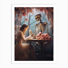 A Woman Sitting At Her Dining Table In Front Of Skeleton 1 Art Print