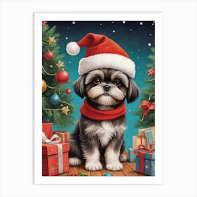 Christmas Shih Tzu Dog Wear Santa Hat (27) Art Print