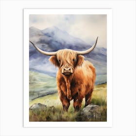 Mountaneous Background Behind Highland Cow Art Print