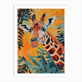 Giraffe In The Leaves Colourful Pattern 1 Art Print