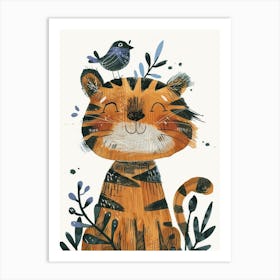 Small Joyful Tiger With A Bird On Its Head 15 Art Print